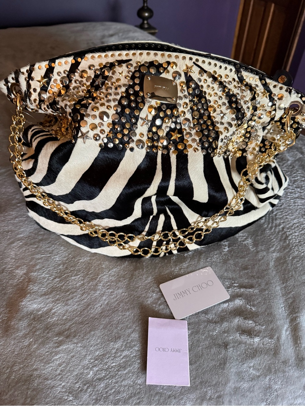 Jimmy Choo Black & White Zebra-Print Studded Chain Shoulder Bag